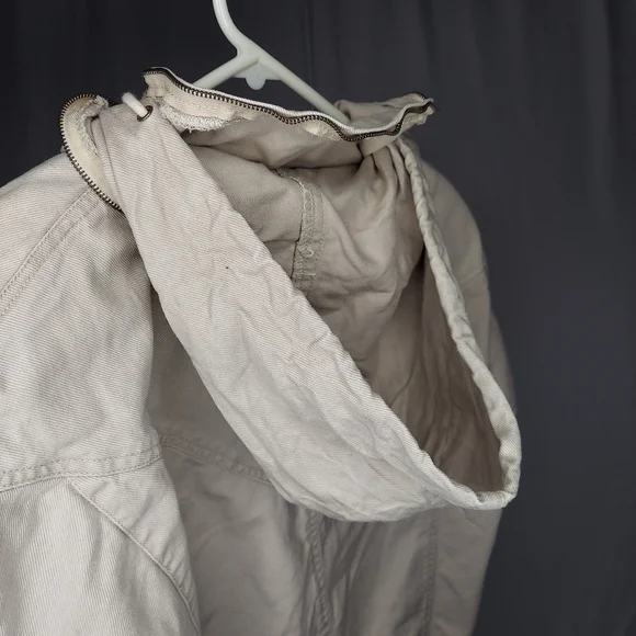 80's Denim Trench Jacket Small Women Krazy Krinkle Beige Snap Button Pocket FLAW